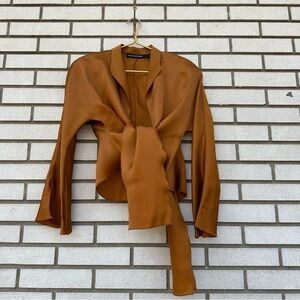 Jackie Rogers Copper Rust Silk Blouse Jacket Tie Front Waist Flare Sleeve 80s 90